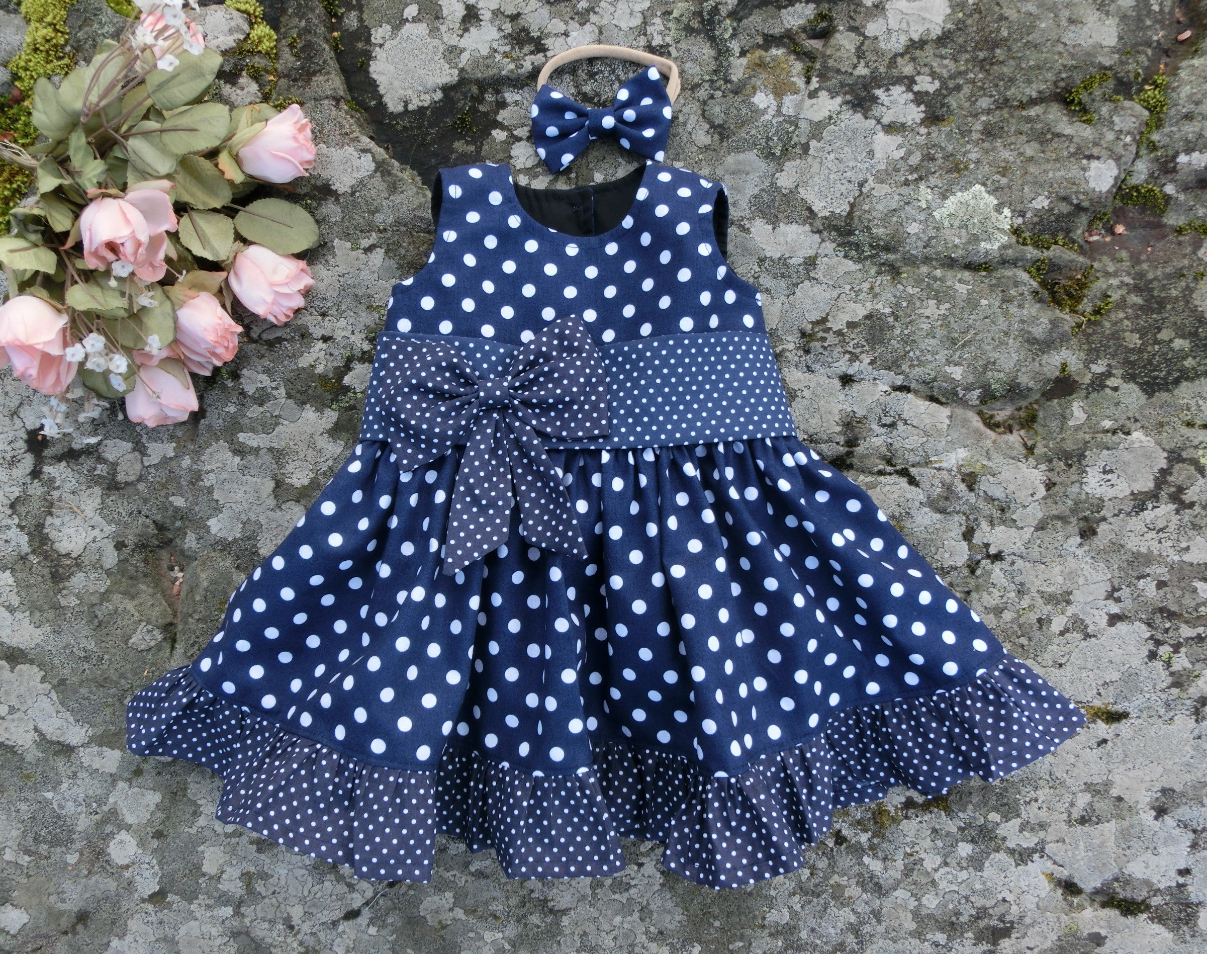Navy Polka Dot Baby Pinafore Dress with Headband, Organic Cotton Navy Polka Dot Baby Pinafore Dress with Headband, Organic Cotton