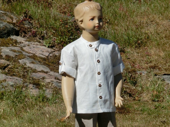 Boys Linen Shirt, Rustic Ring Bearer Outfit, Stand Up Collar