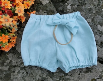Mint green linen bloomers and headband, Baby diaper covers, Baby girls bubble shorts, Girls nappy covers.