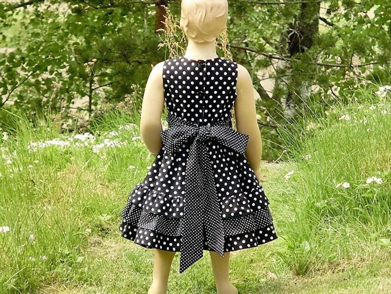 Toddler girls ruffle dress Black and white twirly girls dress Black polka dot flower girl dress Girls wedding party dress.