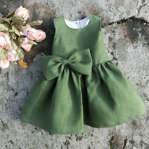 Green baby linen holiday dress, Baby Christmas dress with bow,  St.Patricks Day dress for baby.