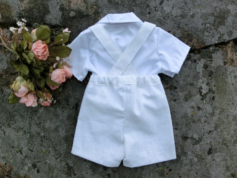Boy baptism outfit, white linen suspender shorts, Baby christening outfit, Toddler boy baptism outfit Baby ring bearer suit image 2
