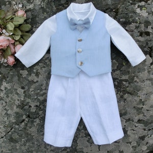 Traje de casamento para menino, Terno de linho para pajem, Roupas de batismo para bebê, Traje de batizado para menino, Traje de colete azul claro.