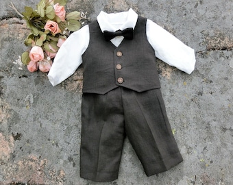 Ring bearer baby linen outfit dark brown, Baby boy first thanksgiving suit, Baby first holiday suit.