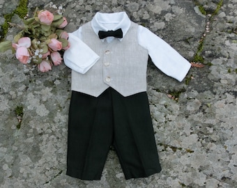 Linen Baby Ring Bearer Outfit, Vest, Pants, Shirt & Bowtie Set