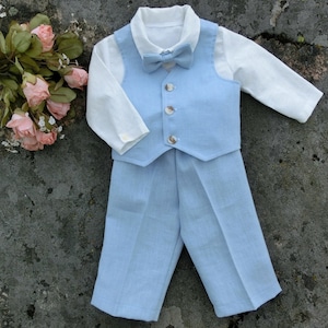 Roupa de linho azul claro para bebê, Roupa de casamento para menino, Terno de batismo para menino, Roupas de linho para bebê