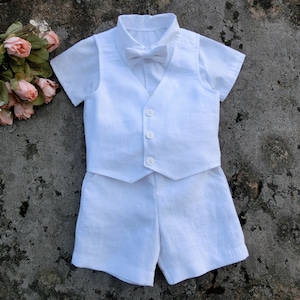 Baptism outfit for boys, white linen shorts vest set, Ring bearer linen suit, Toddler boys wedding outfit.