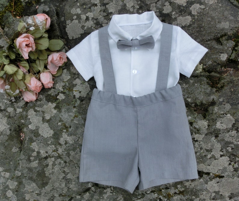 Boys Suspender Linen Shorts Ring Bearer Outfit Grey Baby Etsy