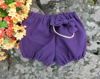 Purple bloomers, Baby linen bloomers and headband, Girls bubble shorts, Baby nappy covers, Baby girls diaper covers.