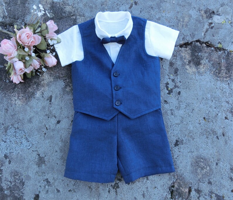 Ring Bearer Suit Navy Linen Shorts and Vest Set Boys Wedding Etsy