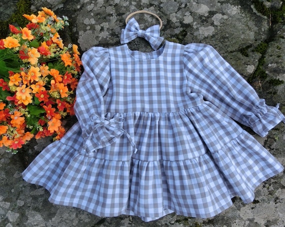 Checkered Dress Baby Long Sleeve Dress Country Blessing Dress Grey and White Boho Dress Baby Girls Fall Gingham Dress and Headband. Etsy Canada