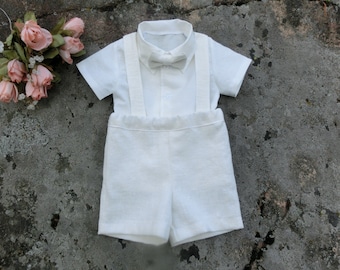 Baby Boy Linen Suit, Ivory Suspender Outfit, Ring Bearer Outfit