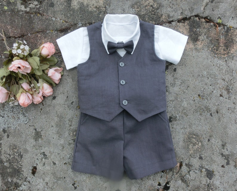 Charcoal Ring Bearer Outfit Boys Linen Shorts And Vest Set Etsy