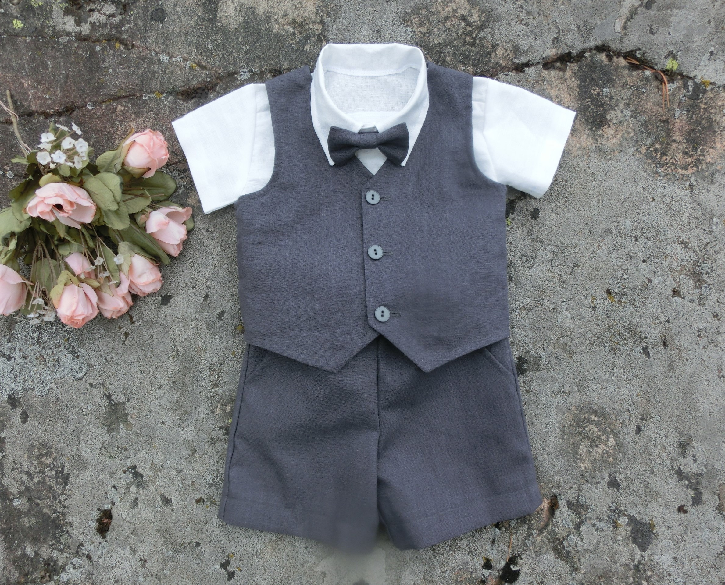 Boys Charcoal Linen Ring Bearer Outfit, Wedding Party Shorts and Vest…