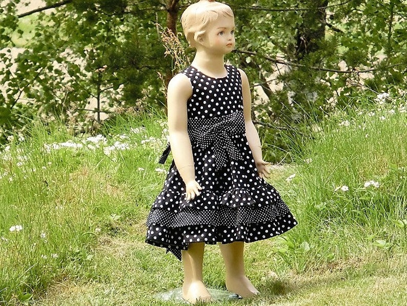 Toddler girls ruffle dress Black and white twirly girls dress Black polka dot flower girl dress Girls wedding party dress.