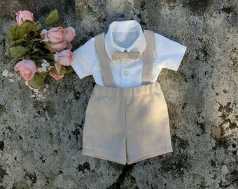 Boys linen outfit, beige suspender outfit Rustic ring bearer shorts Boys beach wedding outfit Baby baptism suit