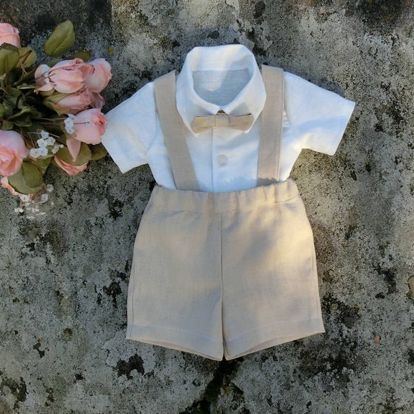 Boys linen outfit, beige suspender outfit Rustic ring bearer shorts Boys beach wedding outfit Baby baptism suit