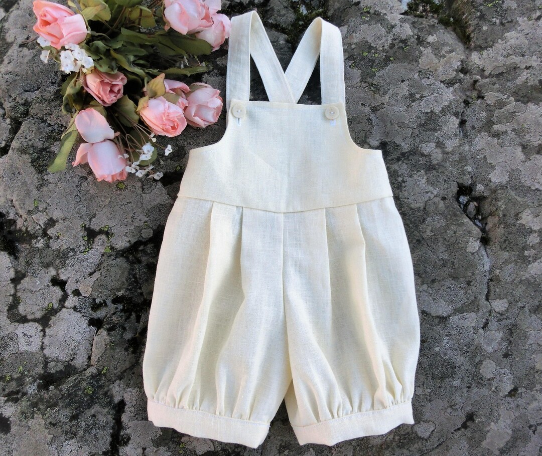 Linen Baptism Romper Baby Boy, Ivory Christening Romper, Dedication