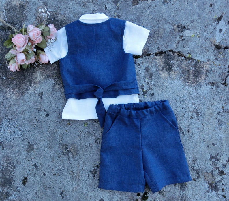 Ring bearer suit navy linen shorts and vest set Boys wedding Etsy