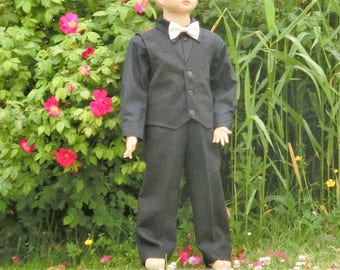 Ring bearer black linen suit, Toddler boys wedding party outfit, pants vest shirt and bow tie, Boys special occasion.