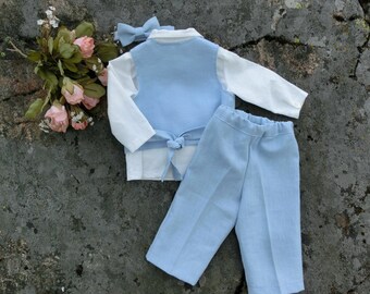 Light Blue Baby Linen Outfit, Baby Boy Wedding Outfit, Baptism