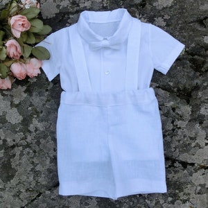Boy baptism outfit, white linen suspender shorts, Baby christening outfit, Toddler boy baptism outfit Baby ring bearer suit image 4