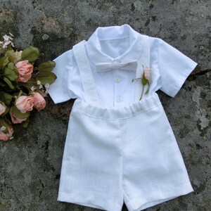 Boy baptism outfit, white linen suspender shorts, Baby christening outfit, Toddler boy baptism outfit Baby ring bearer suit image 3
