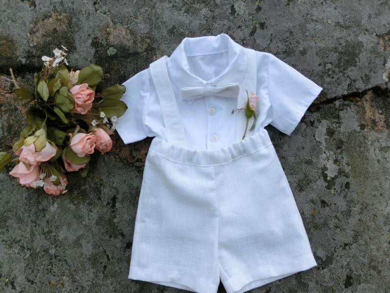 Boy baptism outfit, white linen suspender shorts, Baby christening outfit, Toddler boy baptism outfit Baby ring bearer suit image 3
