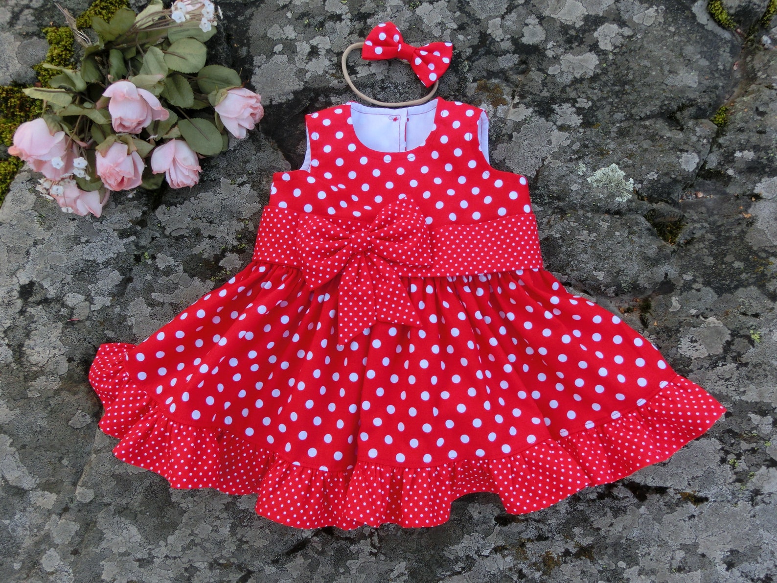 Baby Girl Red Polka Dot Party Dress with Bow Headband