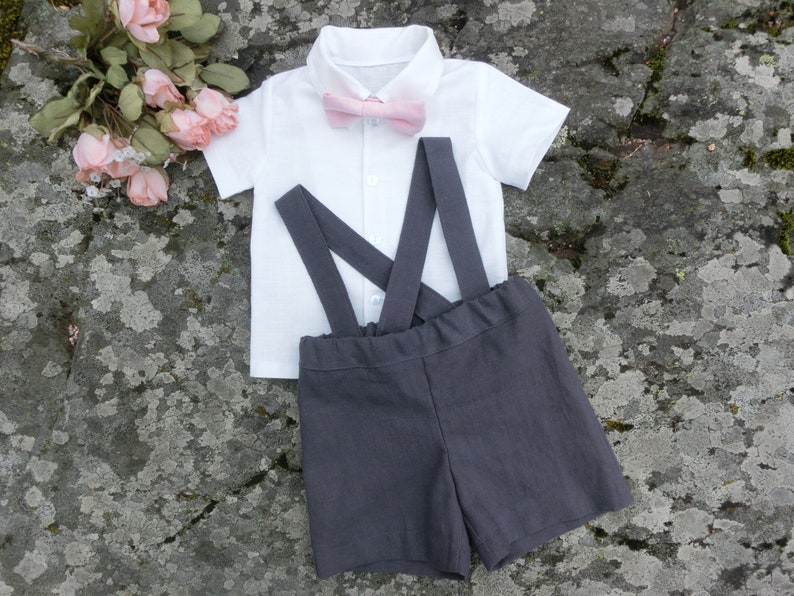 Ringbearer Outfit Boys Linen Shorts With Suspenders Baby Etsy
