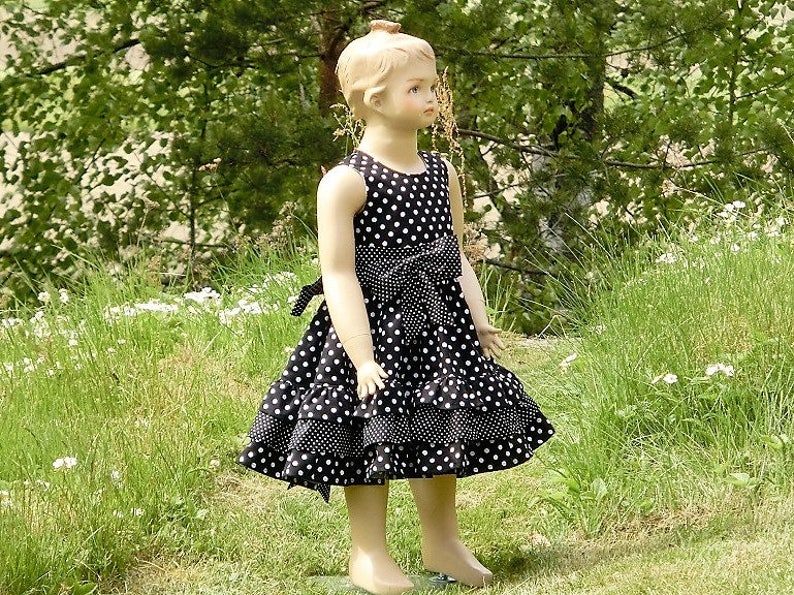 Toddler girls ruffle dress Black and white twirly girls dress Black polka dot flower girl dress Girls wedding party dress.