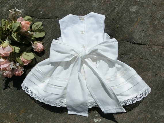 Linen flower dress Linen handmade Baptism Christening dress with wing sleeves