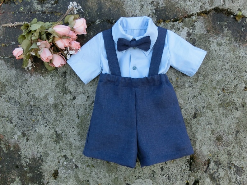 Baby wedding shorts outfit Nautical wedding boys linen suit Baby boy first birthday outfit Navy blue ring bearer suspender set