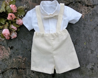 Boys Cream Linen Ring Bearer Outfit, Rustic Wedding Suspenders