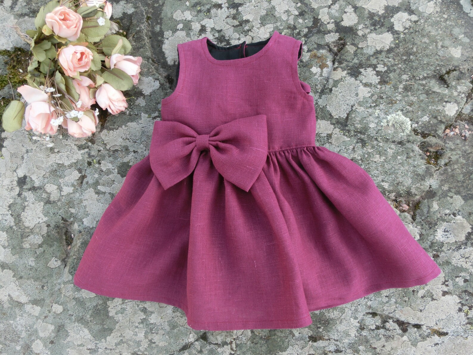 Burgundy Linen Baby Dress With Petticoat, Flower Girl Outfit - Etsy
