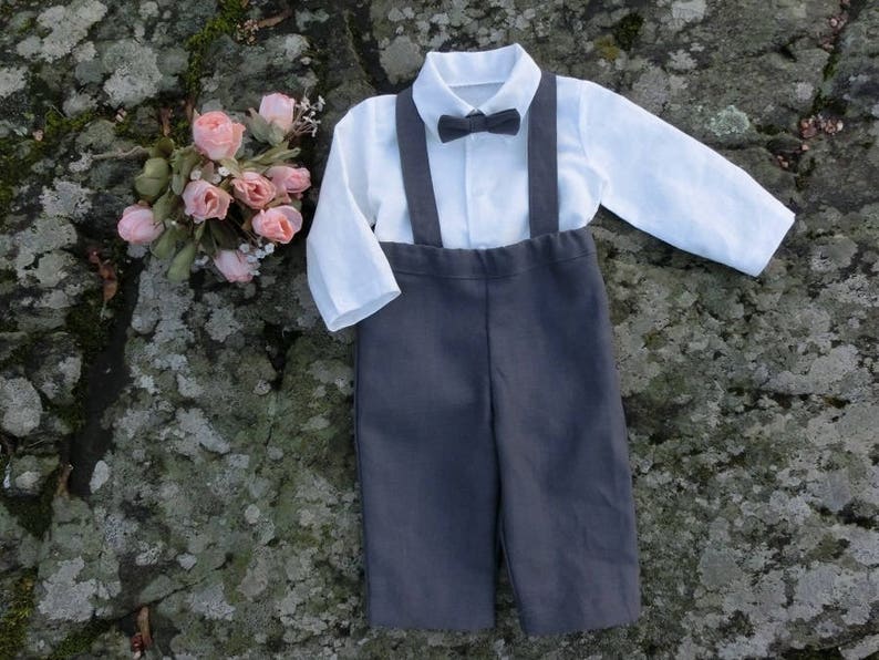 Baby Boy Suspender Outfit Baby Ring Bearer Charcoal Linen Etsy