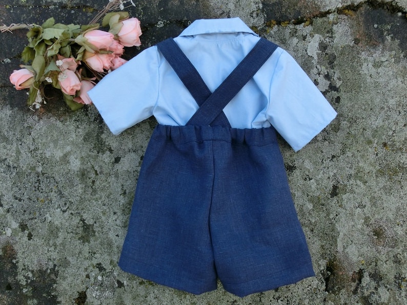 Baby wedding shorts outfit Nautical wedding boys linen suit Baby boy first birthday outfit Navy blue ring bearer suspender set