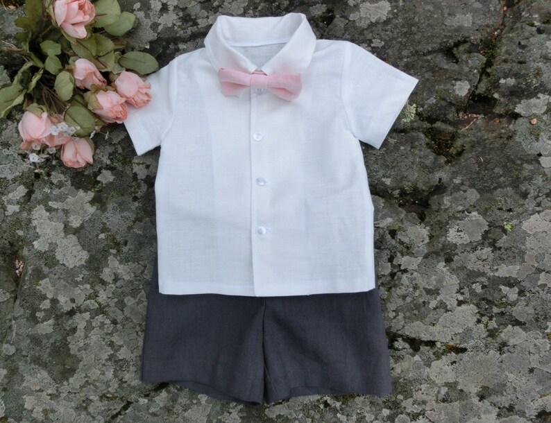 Ringbearer Outfit Boys Linen Shorts With Suspenders Baby Etsy