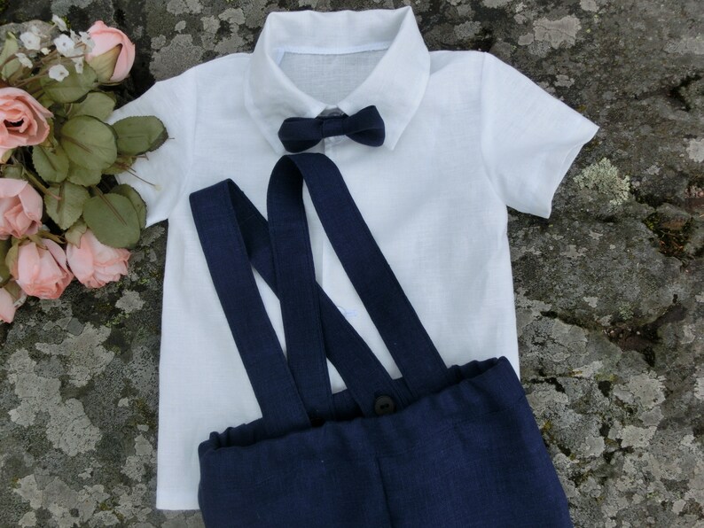 Ring Bearer Outfit Navy Baby Linen Suspender Suit Toddler Etsy