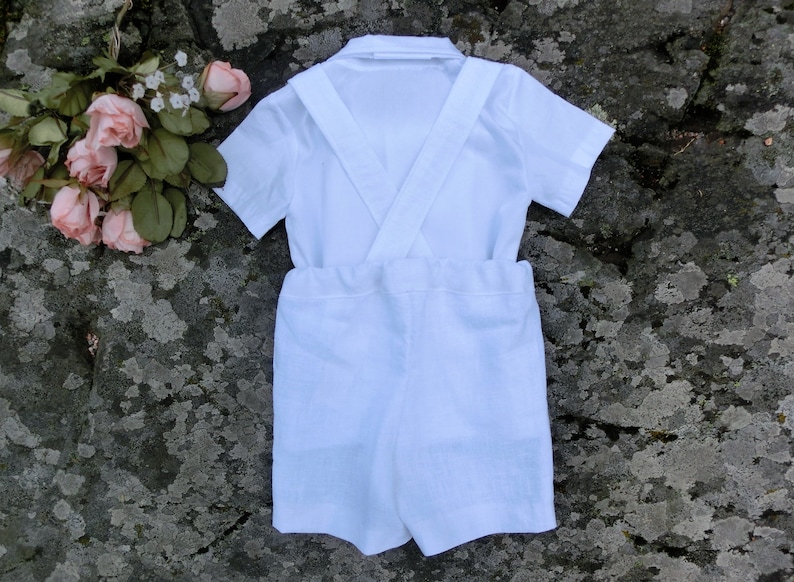 Boy baptism outfit, white linen suspender shorts, Baby christening outfit, Toddler boy baptism outfit Baby ring bearer suit image 5