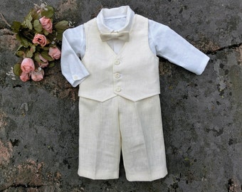 Baby boy baptism outfit linen, Fall christening outfit ivory, Baby blessing oufit, Baby ring bearer suit, Boys wedding outfit