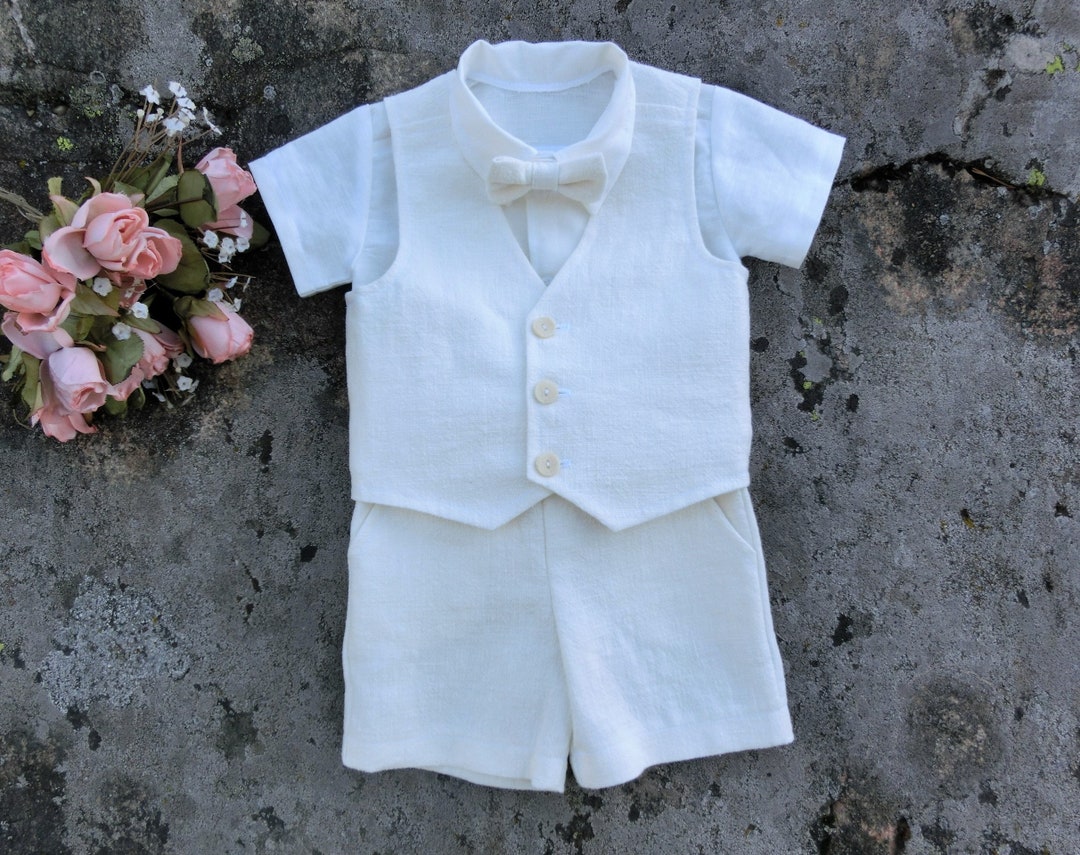 Boys Wedding Shorts and Vest Suit, Ring Bearer Linen Outfit, Toddler ...