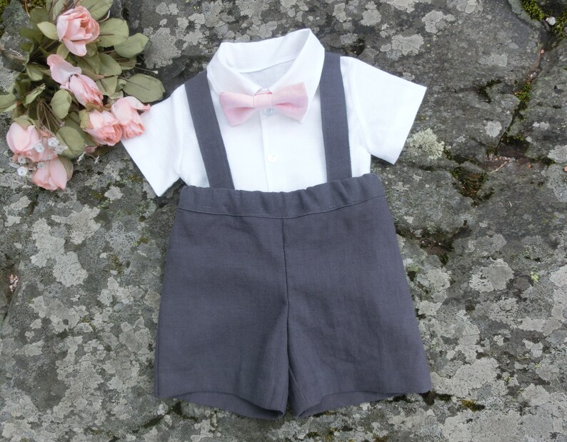 Ringbearer Outfit Boys Linen Shorts With Suspenders Baby Etsy