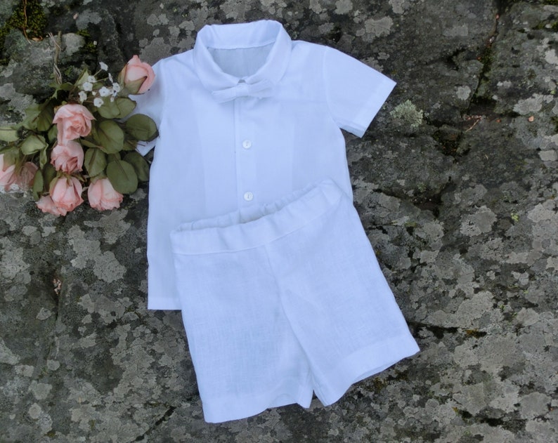 Boy baptism outfit, white linen suspender shorts, Baby christening outfit, Toddler boy baptism outfit Baby ring bearer suit image 8