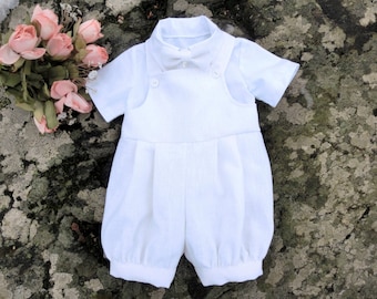 Baby Boy Linen Christening Romper: White Baptism Outfit
