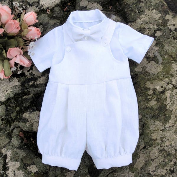 Baby boy Christening romper, Baptism outfit for boy, Baby white linen romper, Baby blessing outfit
