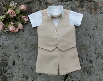 Boys beige linen shorts and vest set, Ring bearer suit, Toddler boys wedding party outfit, Baptism outfit for boys