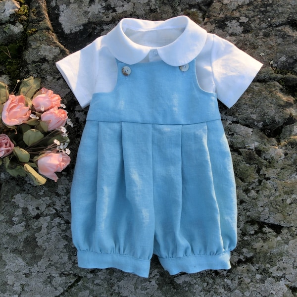 Baby boy linen romper, Peter Pan collar shirt, Bright blue outfit, Baby first birthday romper, Namegiving outfit, Baby linen playsuit.