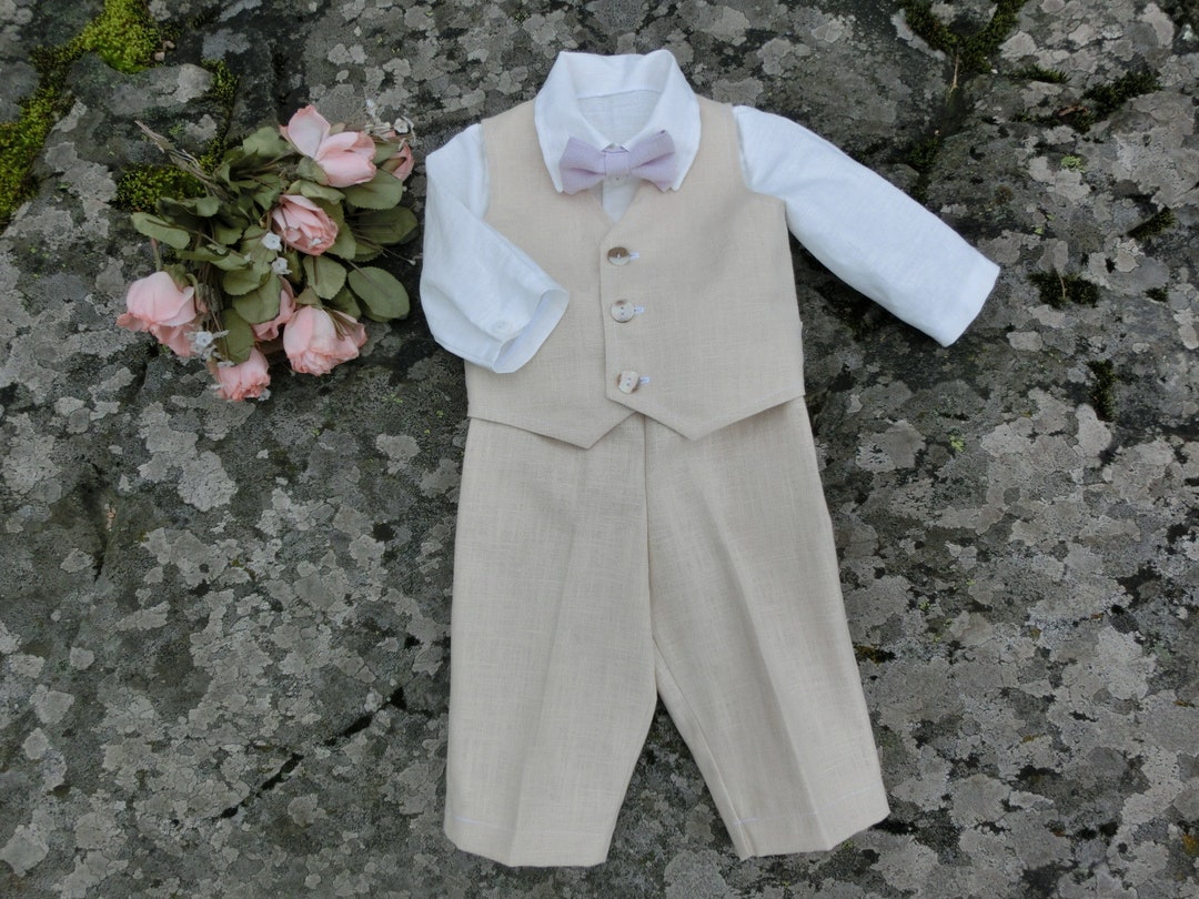 Linen Outfit, Baby Boy Beige Suit, Ring Bearer Outfit, Wedding Suit for