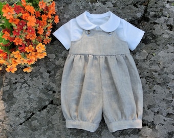 Baby natural linen romper, Baby boy blessing outfit, Baptism romper, Baby namegiving outfit.